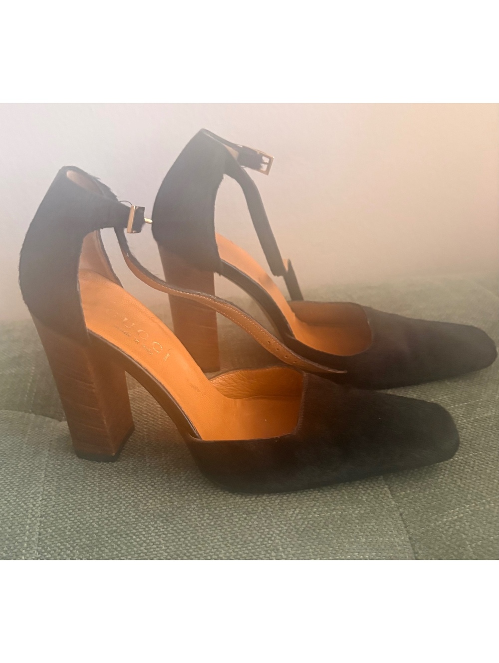 Gucci Black Pony hair Block Heel Ankle Strap Pumps Size 4.5B
